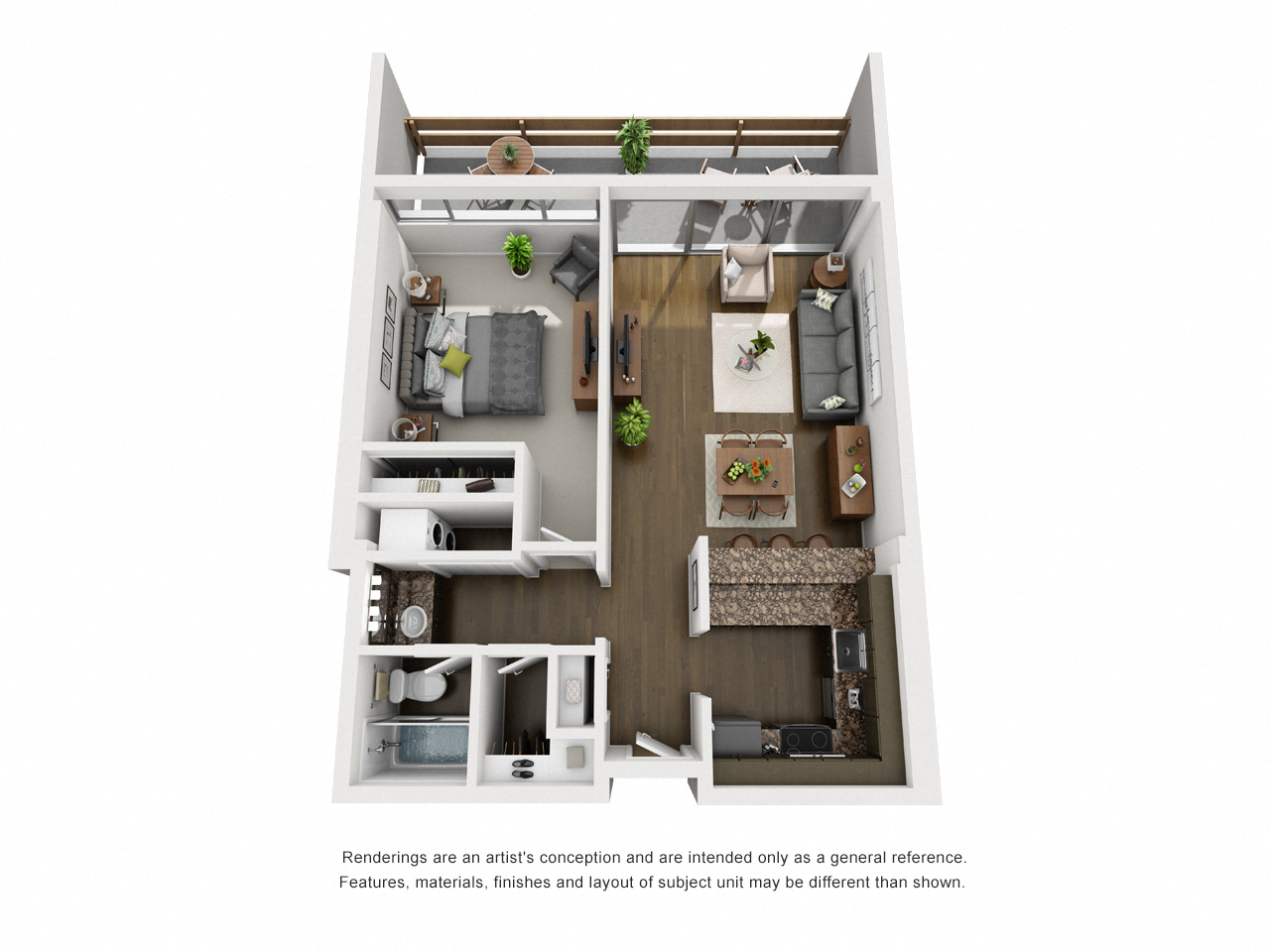 Floor plan for 1 bed, 1 bath, 716 sqft
